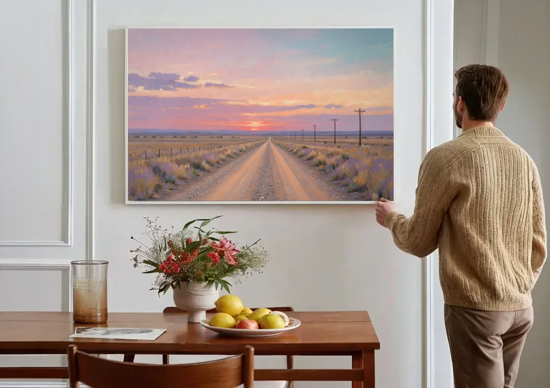 Country Road Wall Art at Prairie Twilight canvas wall art above a dining table