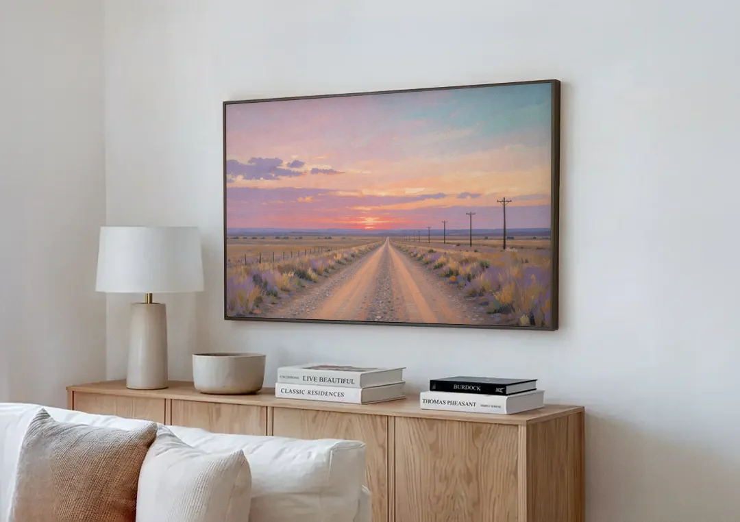 Country Road Wall Art at Prairie Twilight canvas wall art above a wooden sideboard next to a sofa