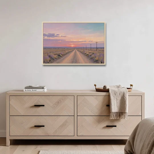 Country Road Wall Art at Prairie Twilight - Oak Framed Canvas Wall Art - Coffee Table - 36x24