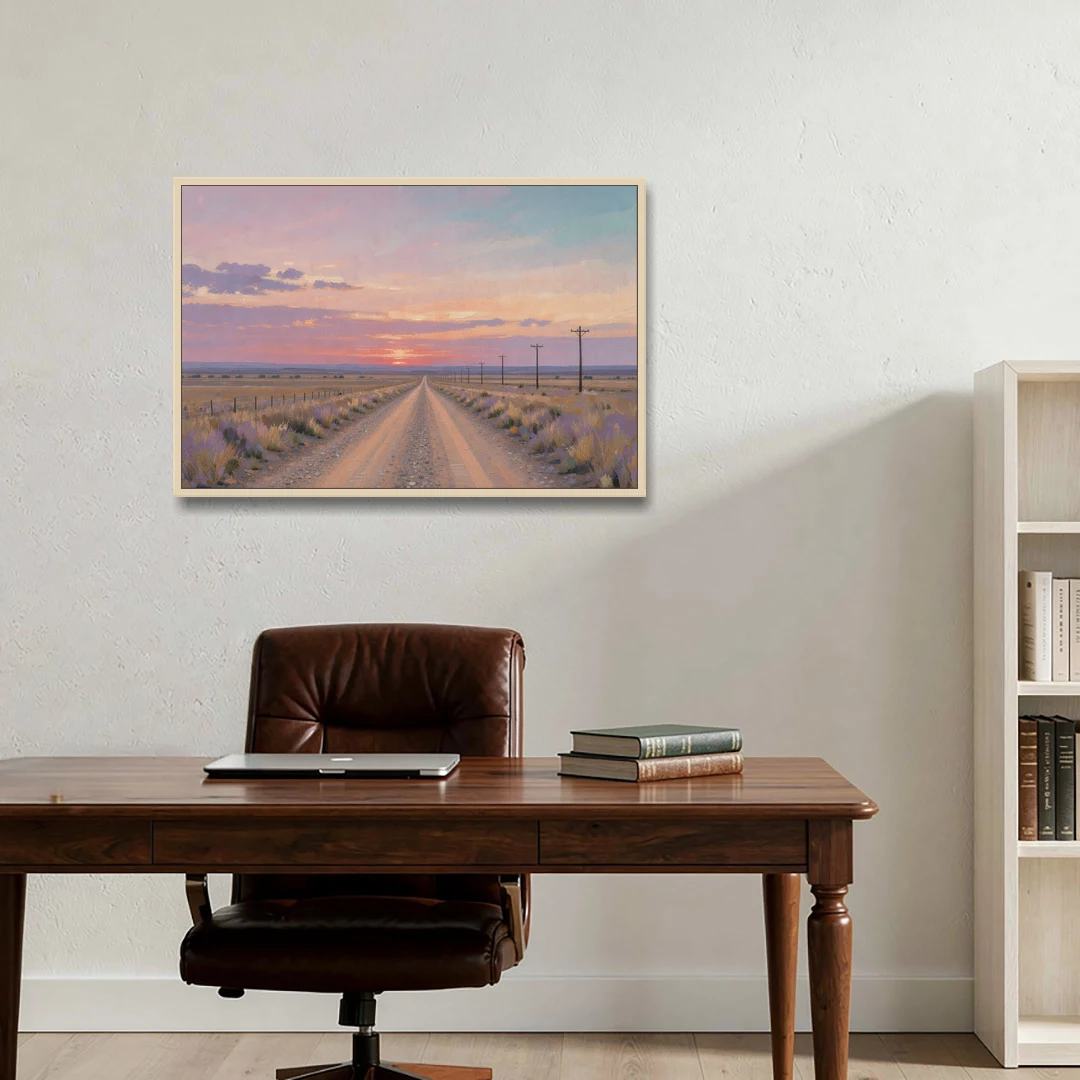Country Road Wall Art at Prairie Twilight - Oak Framed Canvas Wall Art - Office - 36x24