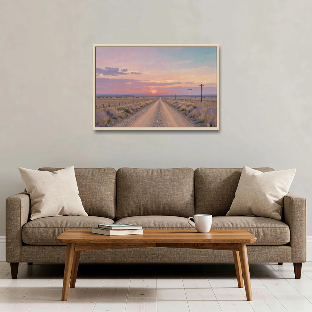 Country Road Wall Art at Prairie Twilight - Oak Framed Canvas Wall Art - Sofa - 36x24
