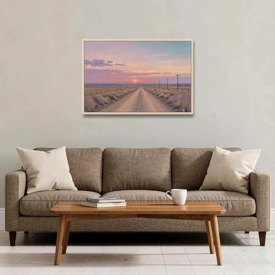 Country Road Wall Art at Prairie Twilight - Oak Framed Canvas Wall Art - Sofa - 36x24