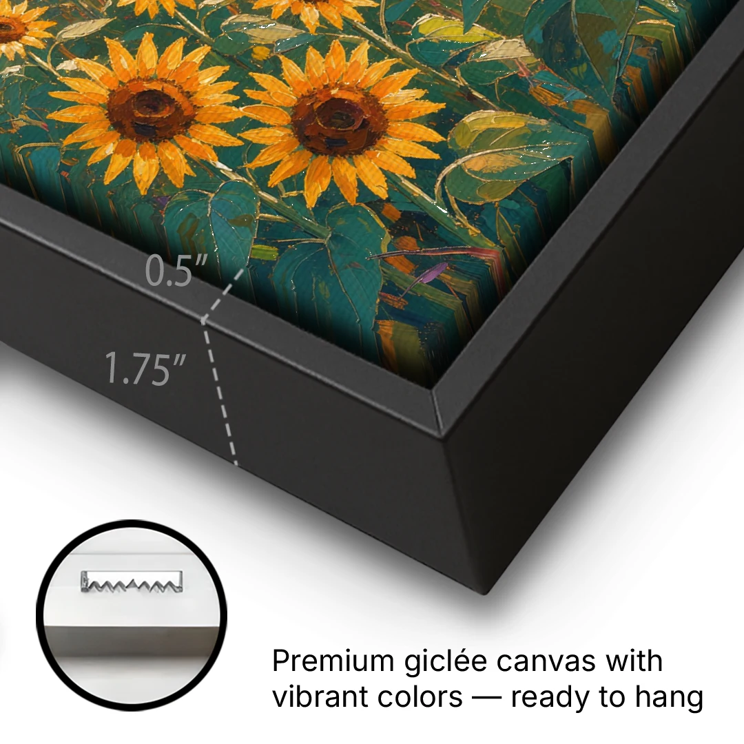 Country Sunflower Painting with Red Barn and Oak - Black Framed Canvas Wall Art - Gallery Wrap Corner