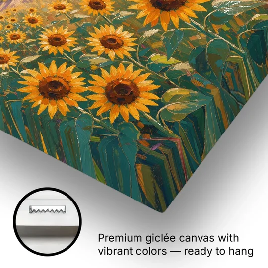 Country Sunflower Painting with Red Barn and Oak - Canvas Wall Art - Gallery Wrap Corner