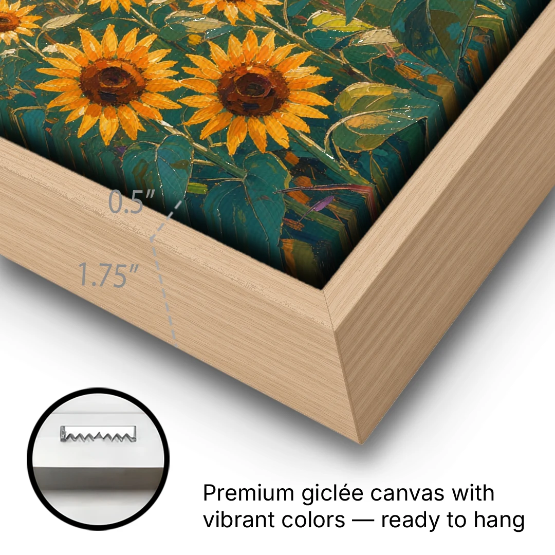 Country Sunflower Painting with Red Barn and Oak - Oak Framed Canvas Wall Art - Gallery Wrap Corner