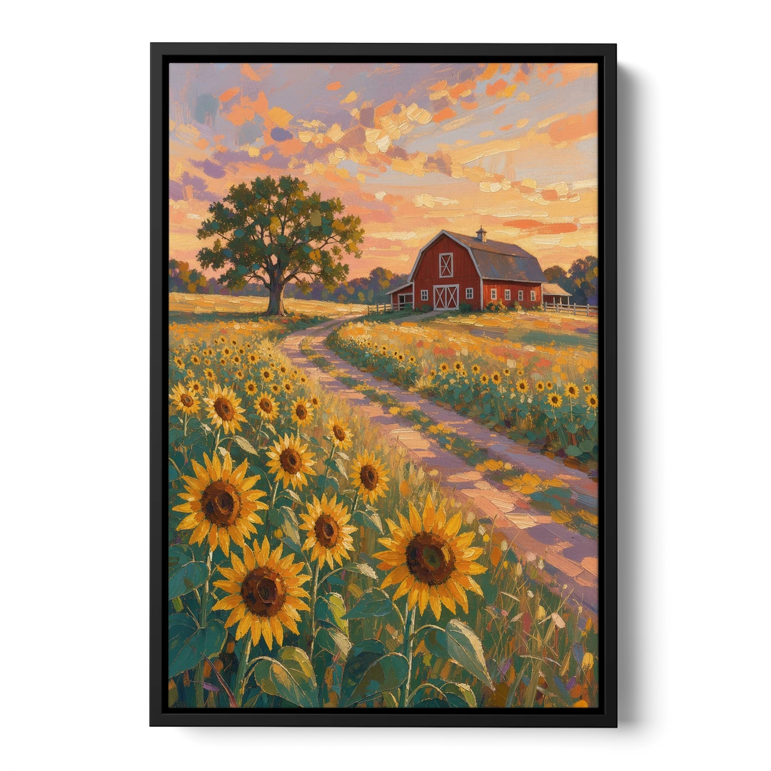 Country Sunflower Painting with Red Barn and Oak - Black Framed Canvas Wall Art - Front