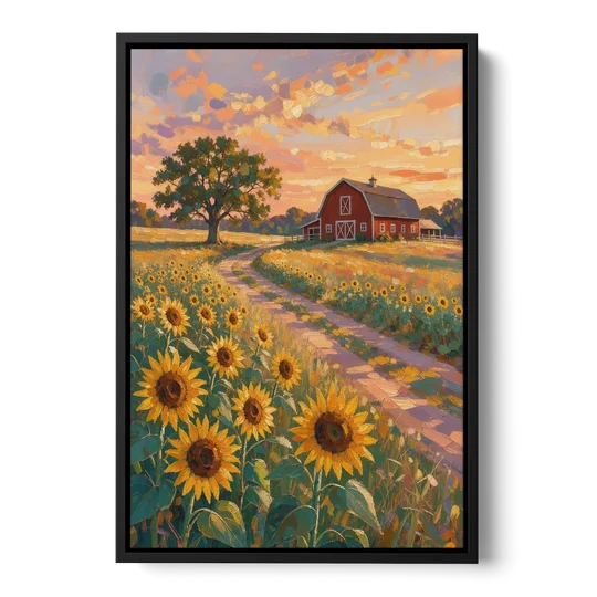 Country Sunflower Painting with Red Barn and Oak - Black Framed Canvas Wall Art - Front