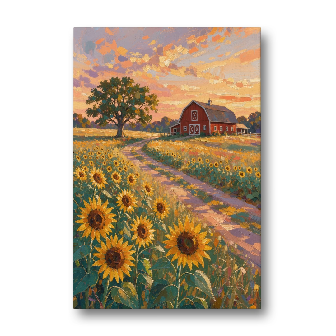 Country Sunflower Painting with Red Barn and Oak - Canvas Wall Art - Front