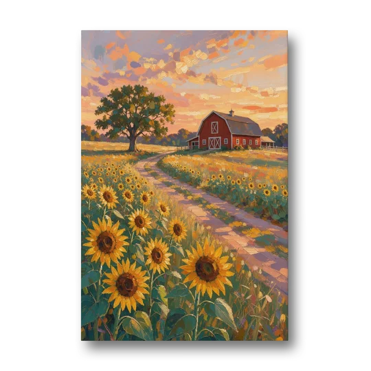 Country Sunflower Painting with Red Barn and Oak - Canvas Wall Art - Front