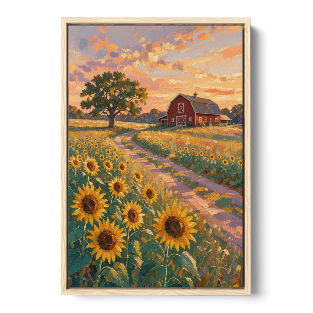 Country Sunflower Painting with Red Barn and Oak - Oak Framed Canvas Wall Art - Front
