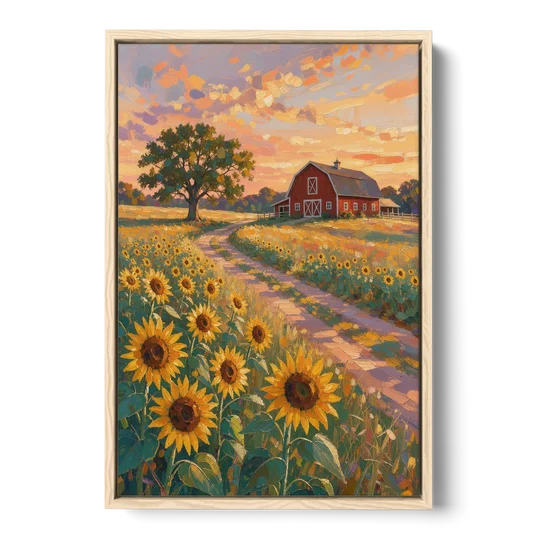 Country Sunflower Painting with Red Barn and Oak - Oak Framed Canvas Wall Art - Front