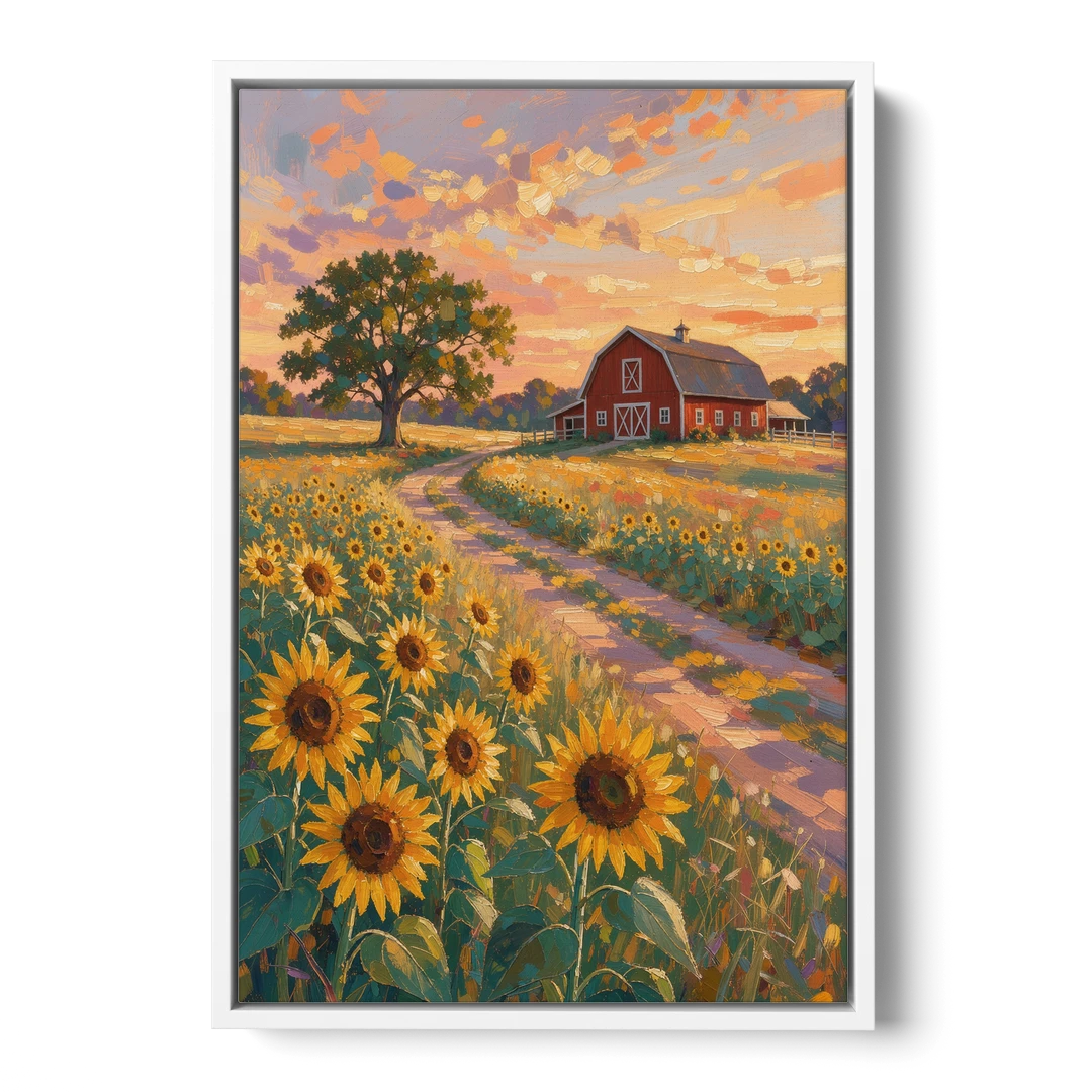 Country Sunflower Painting with Red Barn and Oak - White Framed Canvas Wall Art - Front