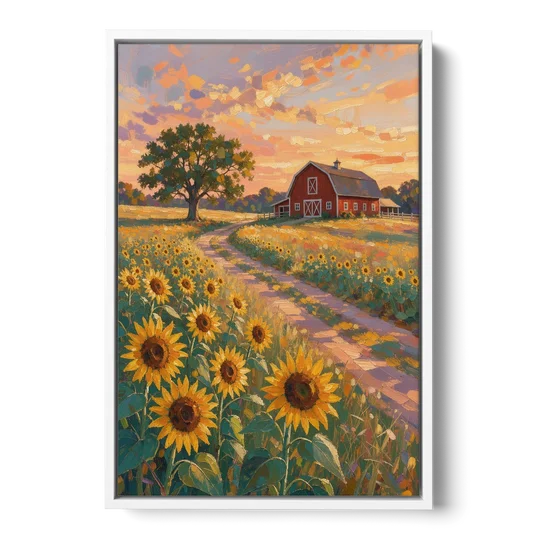 Country Sunflower Painting with Red Barn and Oak - White Framed Canvas Wall Art - Front