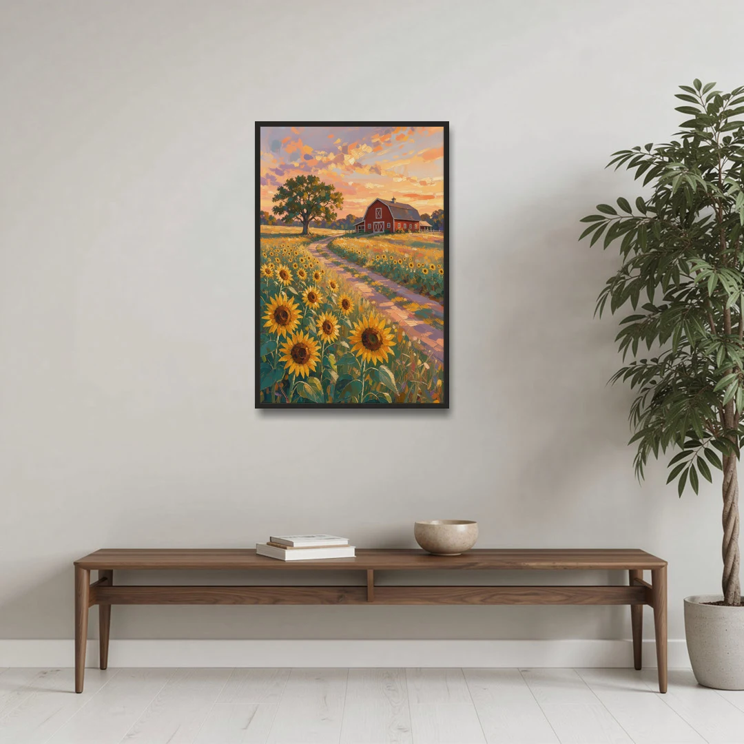 Country Sunflower Painting with Red Barn and Oak - Black Framed Canvas Wall Art - Coffee Table - 24x36