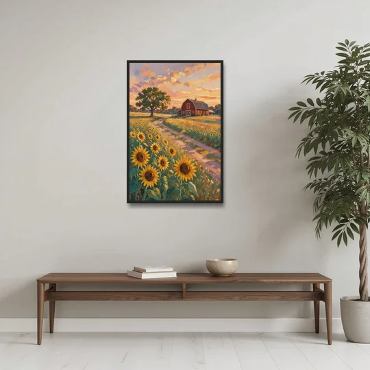 Country Sunflower Painting with Red Barn and Oak - Black Framed Canvas Wall Art - Coffee Table - 24x36