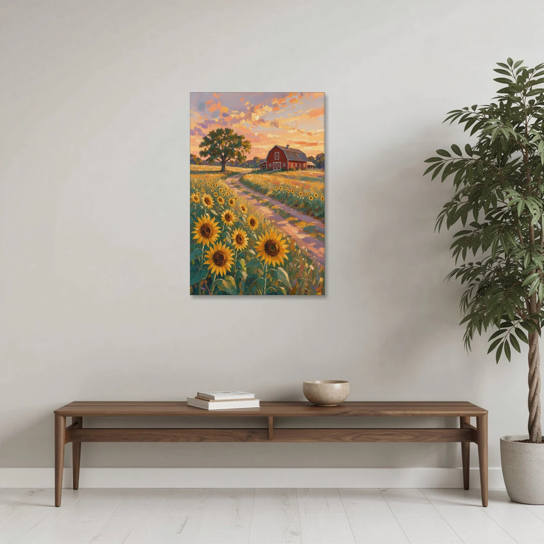Country Sunflower Painting with Red Barn and Oak - Canvas Wall Art - Coffee Table - 24x36