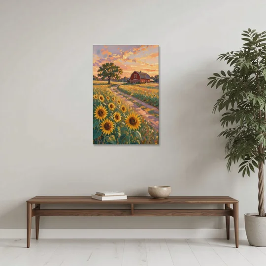 Country Sunflower Painting with Red Barn and Oak - Canvas Wall Art - Coffee Table - 24x36