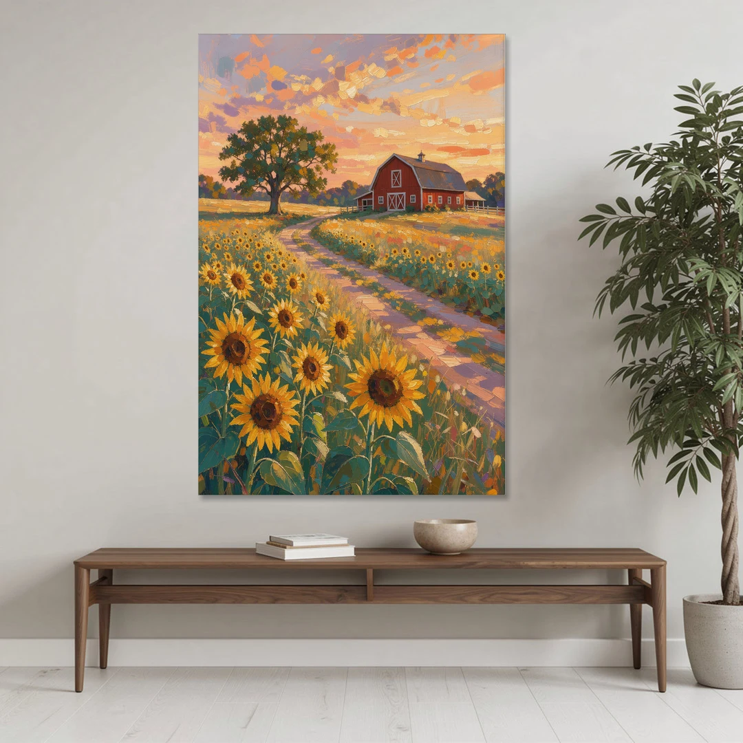 Country Sunflower Painting with Red Barn and Oak - Canvas Wall Art - Coffee Table - 40x60