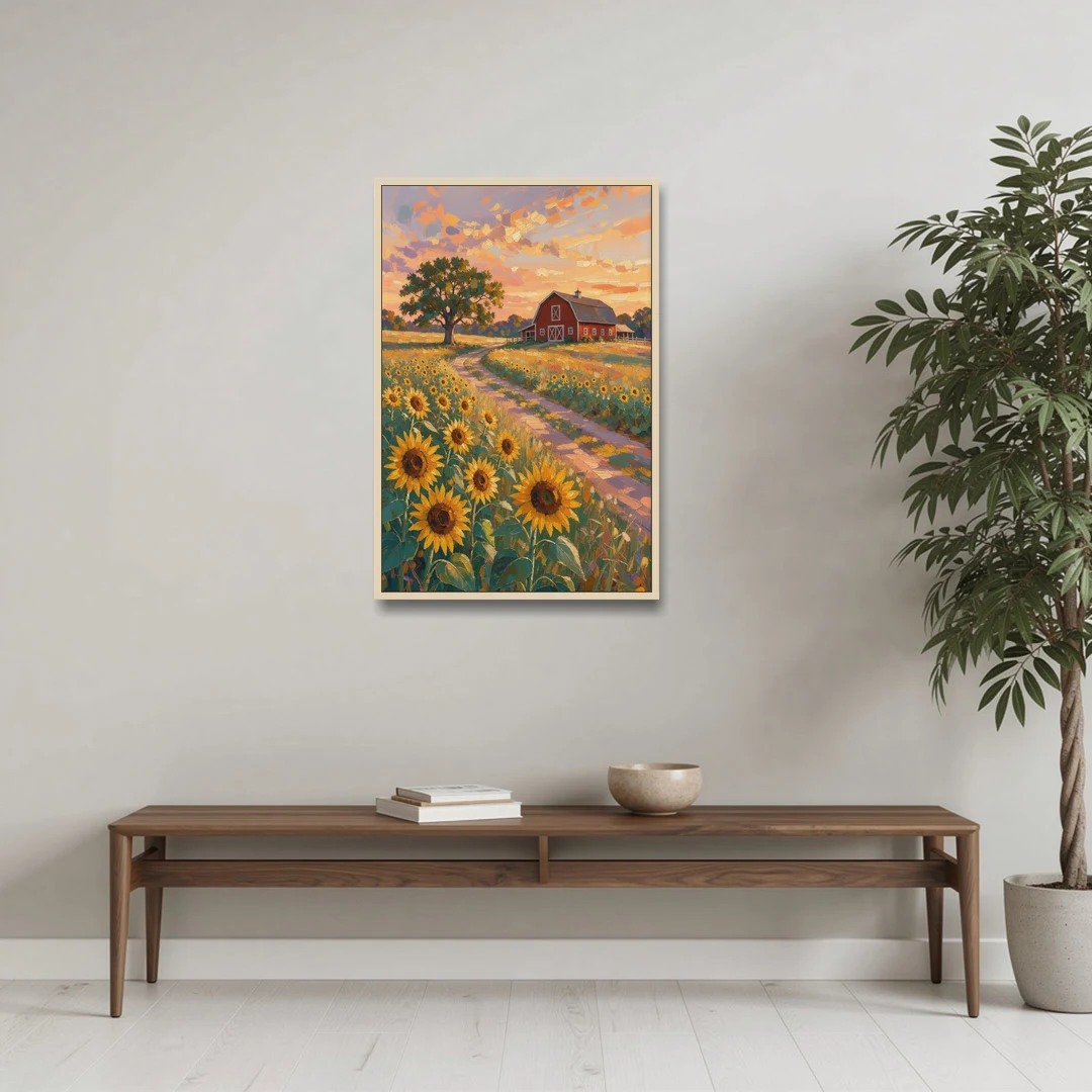 Country Sunflower Painting with Red Barn and Oak - Oak Framed Canvas Wall Art - Coffee Table - 24x36