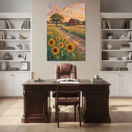 Country Sunflower Painting with Red Barn and Oak - Canvas Wall Art - Office - 40x60