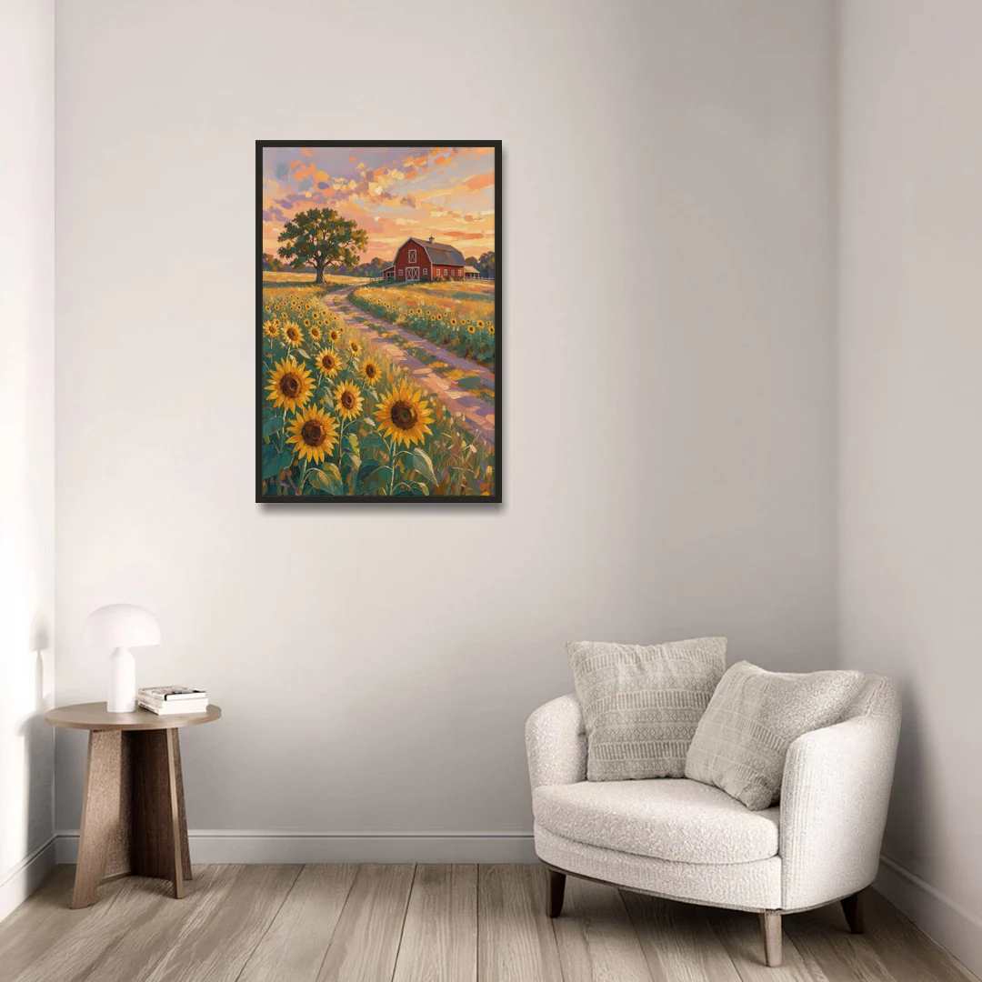 Country Sunflower Painting with Red Barn and Oak - Black Framed Canvas Wall Art - Sofa - 24x36