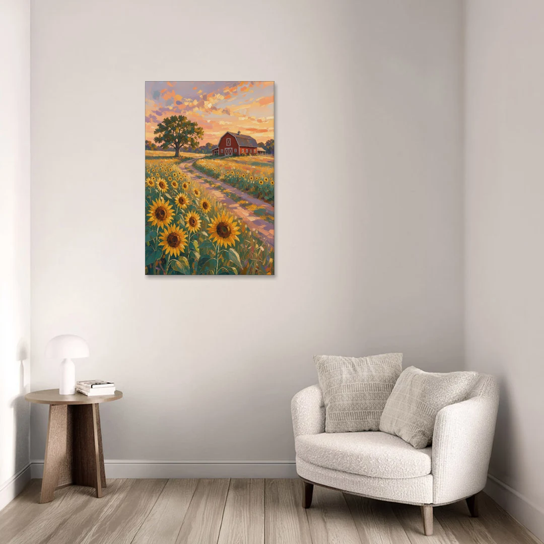 Country Sunflower Painting with Red Barn and Oak - Canvas Wall Art - Sofa - 24x36