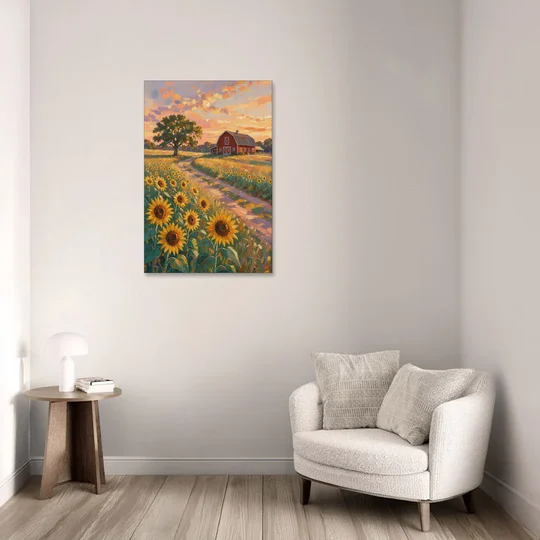 Country Sunflower Painting with Red Barn and Oak - Canvas Wall Art - Sofa - 24x36
