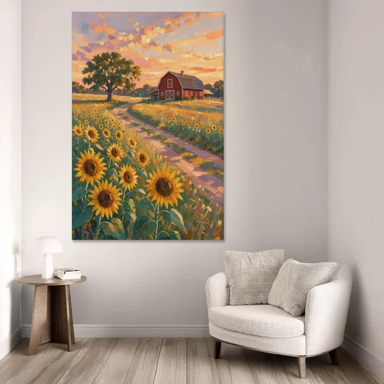 Country Sunflower Painting with Red Barn and Oak - Canvas Wall Art - Sofa - 40x60