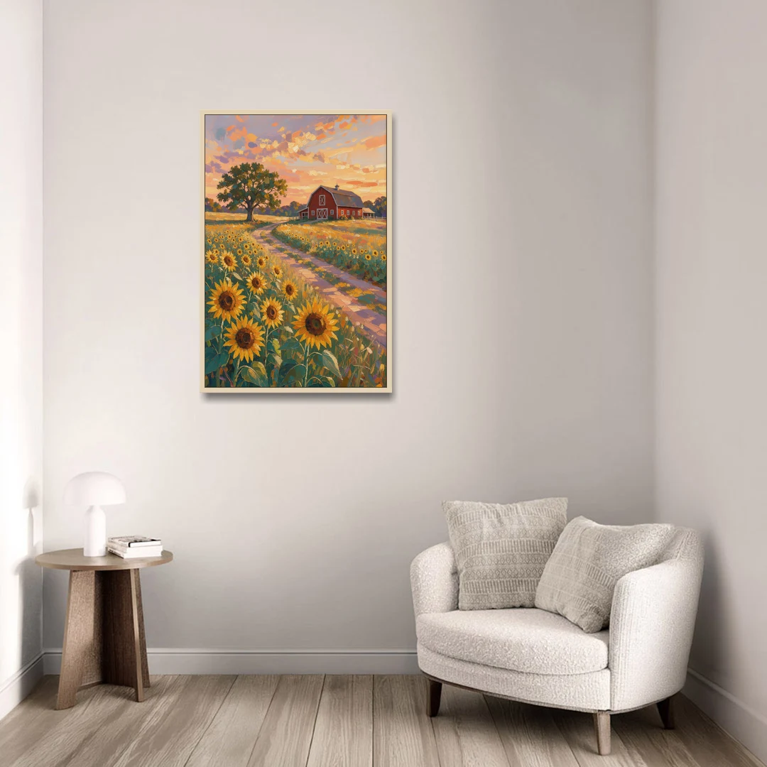 Country Sunflower Painting with Red Barn and Oak - Oak Framed Canvas Wall Art - Sofa - 24x36