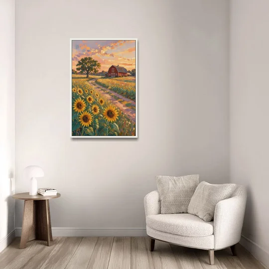 Country Sunflower Painting with Red Barn and Oak - White Framed Canvas Wall Art - Sofa - 24x36