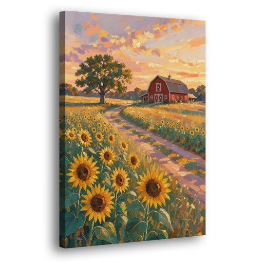 Country Sunflower Painting with Red Barn and Oak - Canvas Wall Art - Side