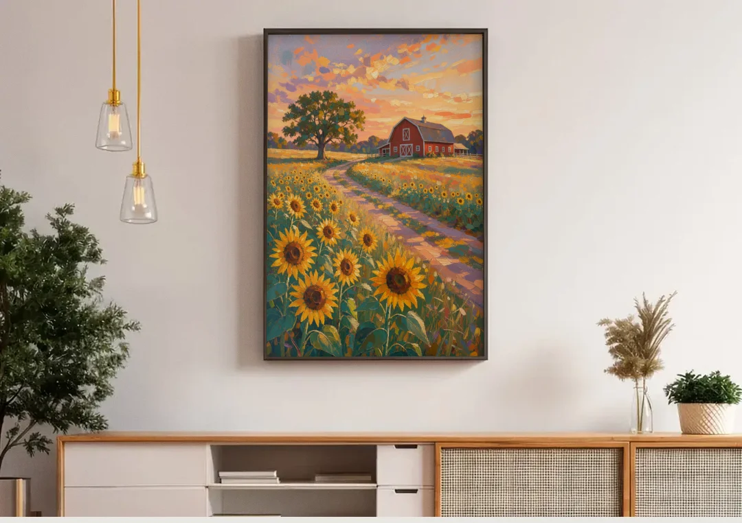 Country Sunflower Painting with Red Barn and Oak canvas wall art above a wooden sideboard under pendant lights
