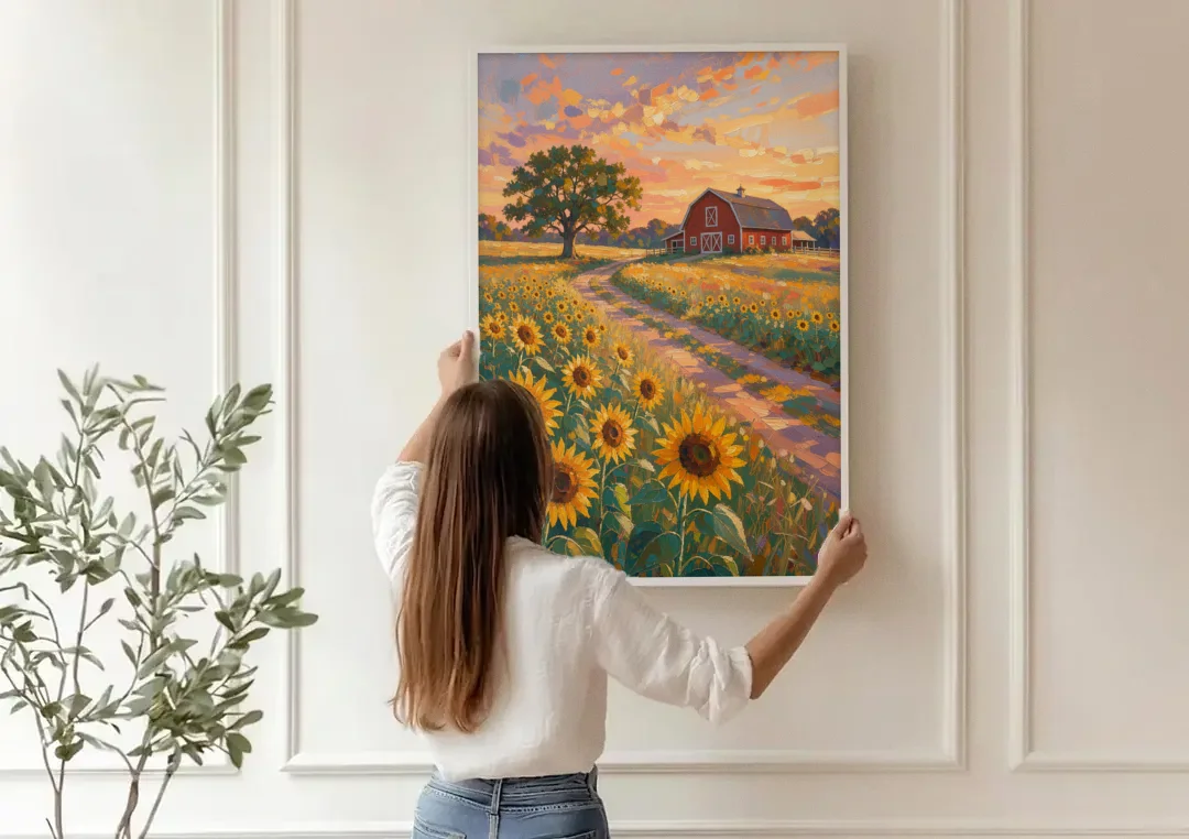 Country Sunflower Painting with Red Barn and Oak canvas wall art being hung on a paneled wall