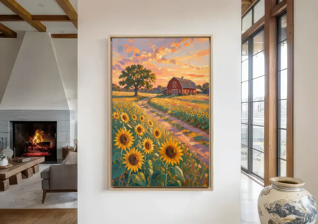 Country Sunflower Painting with Red Barn and Oak canvas wall art in a living room with a fireplace