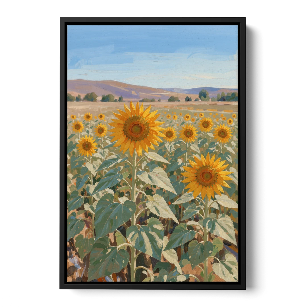 Country Wall Art of a Sunflower Field in Summer - Black Framed Canvas Wall Art - Front
