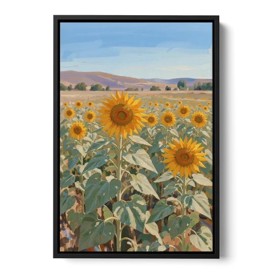 Country Wall Art of a Sunflower Field in Summer - Black Framed Canvas Wall Art - Front