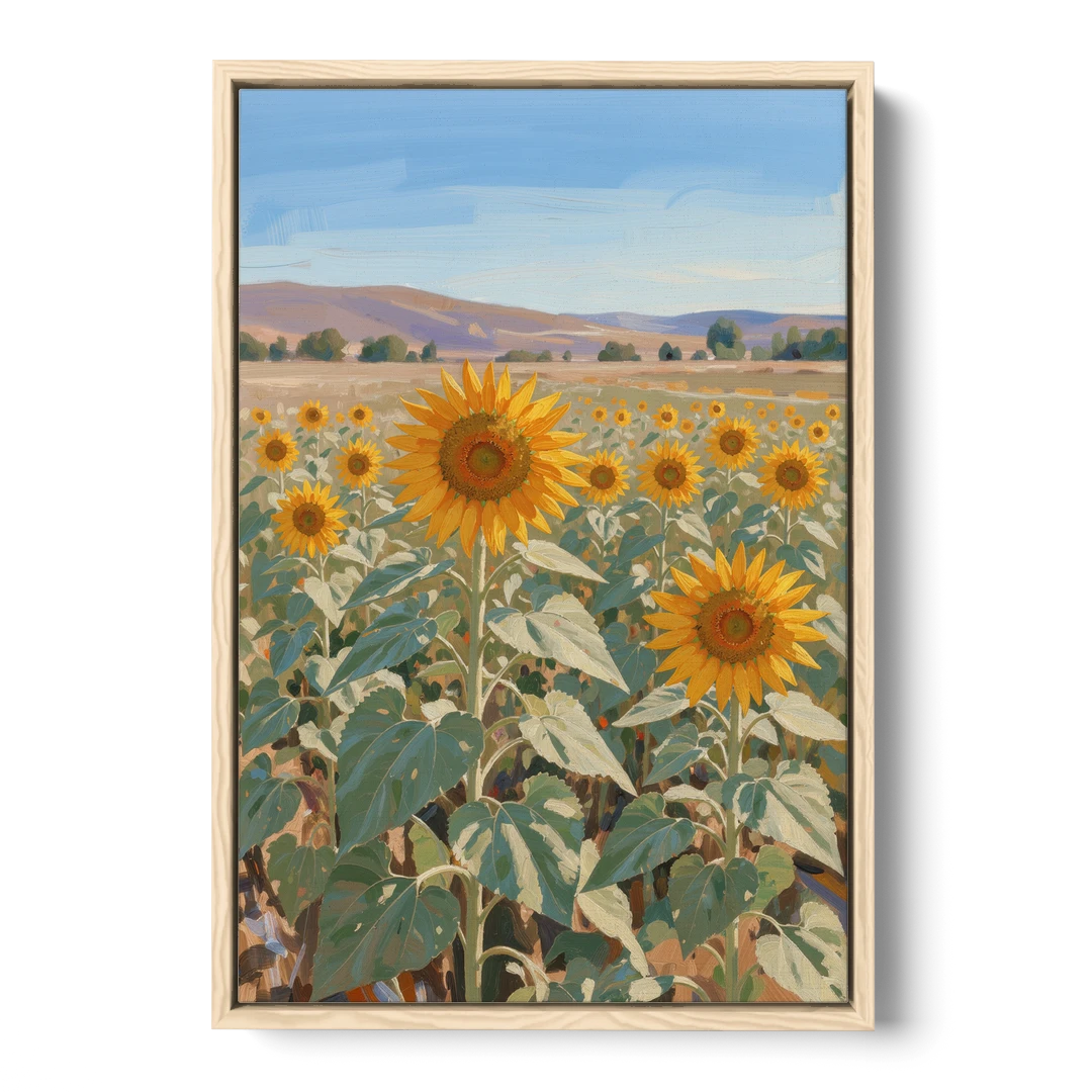 Country Wall Art of a Sunflower Field in Summer - Oak Framed Canvas Wall Art - Front