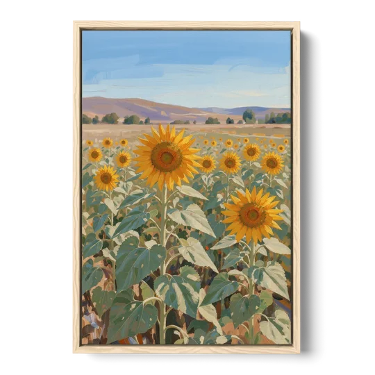 Country Wall Art of a Sunflower Field in Summer - Oak Framed Canvas Wall Art - Front
