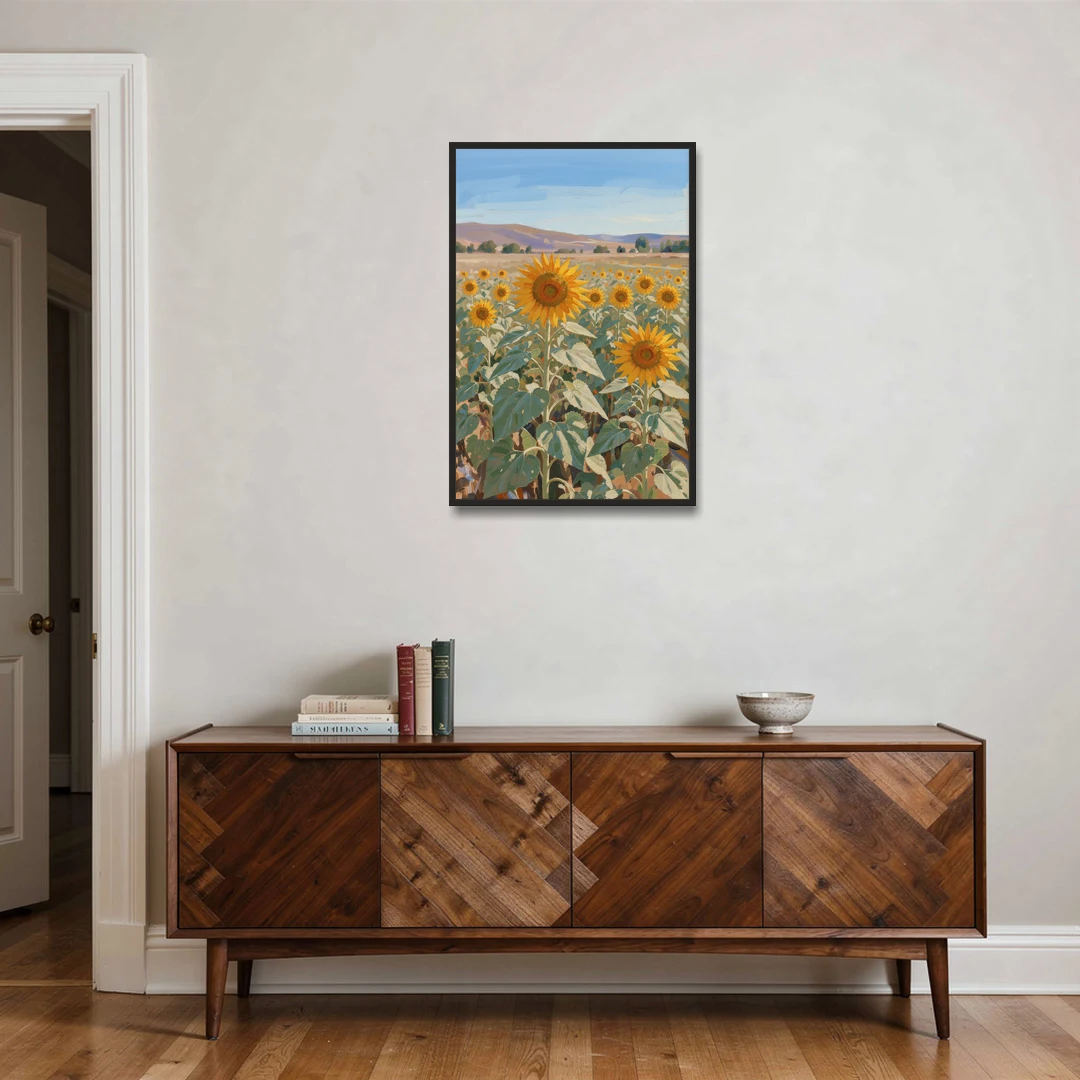 Country Wall Art of a Sunflower Field in Summer - Black Framed Canvas Wall Art - Coffee Table - 24x36