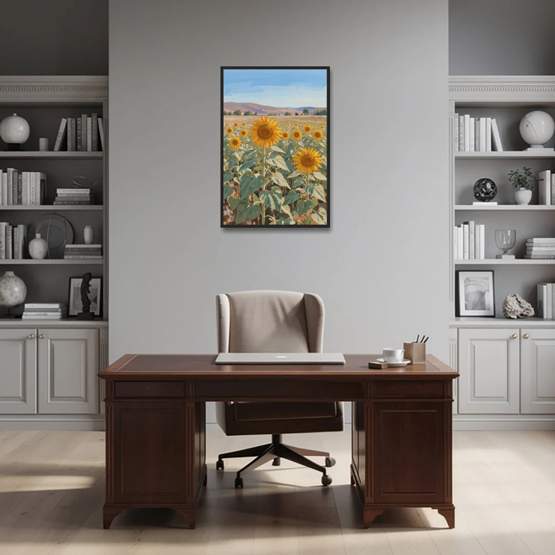 Country Wall Art of a Sunflower Field in Summer - Black Framed Canvas Wall Art - Office - 24x36