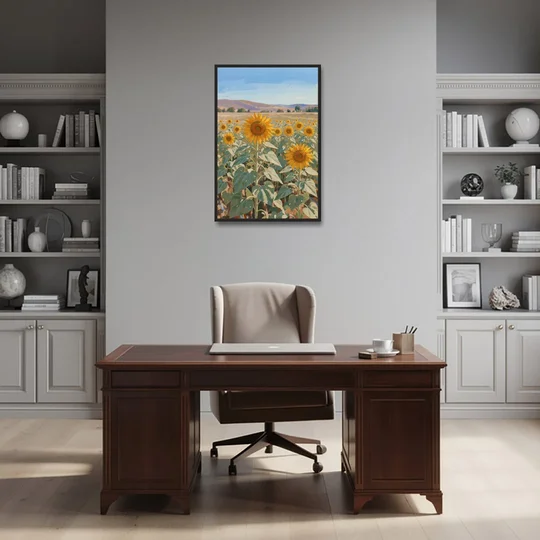 Country Wall Art of a Sunflower Field in Summer - Black Framed Canvas Wall Art - Office - 24x36