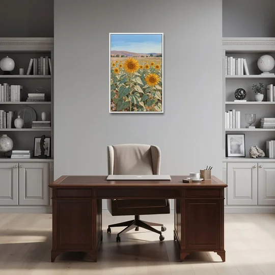 Country Wall Art of a Sunflower Field in Summer - White Framed Canvas Wall Art - Office - 24x36