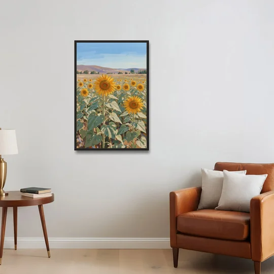 Country Wall Art of a Sunflower Field in Summer - Black Framed Canvas Wall Art - Sofa - 24x36