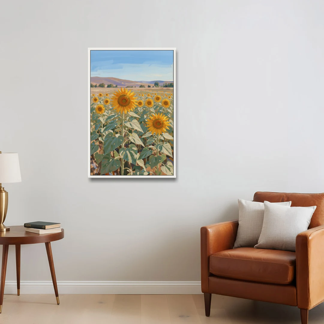 Country Wall Art of a Sunflower Field in Summer - White Framed Canvas Wall Art - Sofa - 24x36