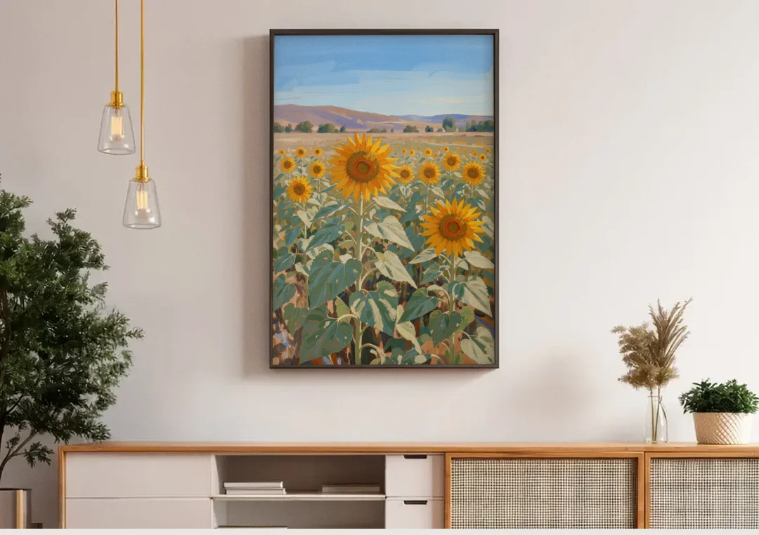 Country Wall Art of a Sunflower Field in Summer canvas wall art above a wooden sideboard under pendant lights