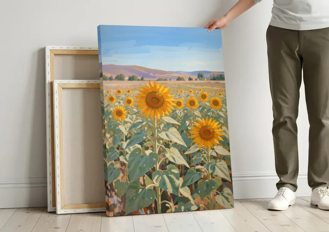 Country Wall Art of a Sunflower Field in Summer canvas wall art leaning against a wall next to blank canvases