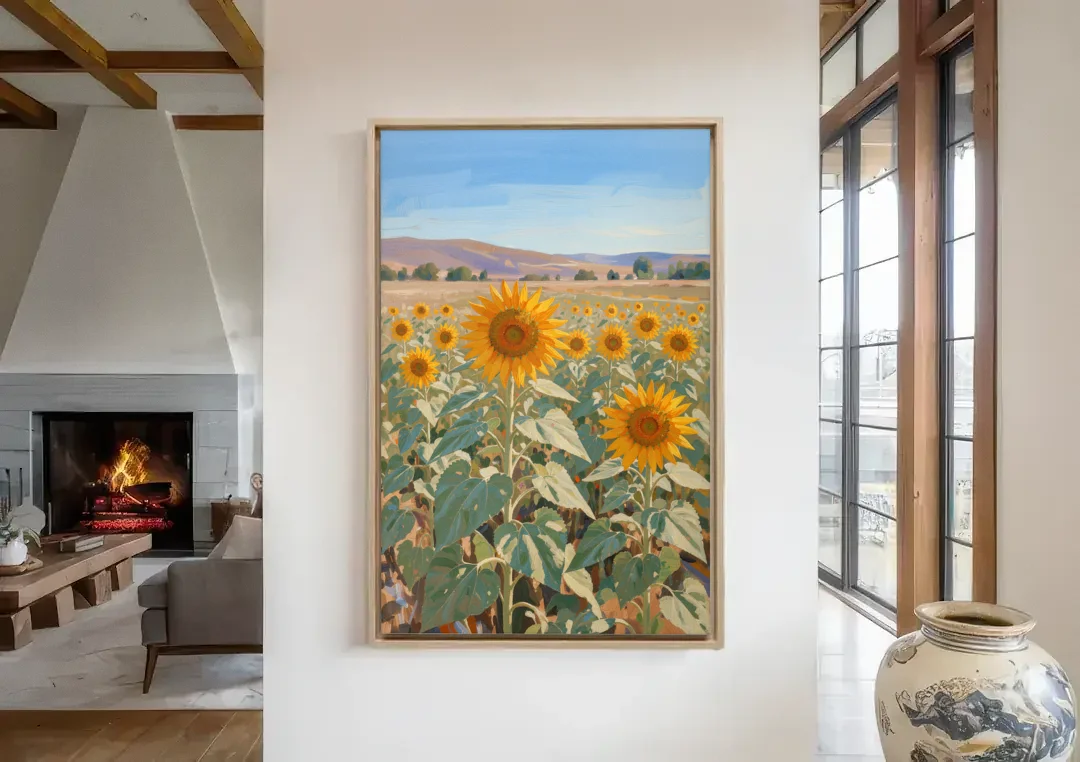 Country Wall Art of a Sunflower Field in Summer canvas wall art in a living room with a fireplace