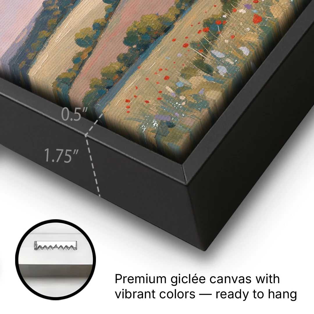 Countryside Landscape Painting at Lavender Dusk - Black Framed Canvas Wall Art - Gallery Wrap Corner