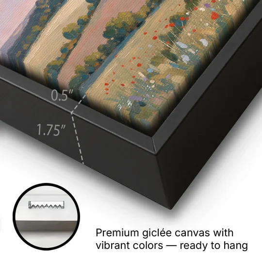 Countryside Landscape Painting at Lavender Dusk - Black Framed Canvas Wall Art - Gallery Wrap Corner
