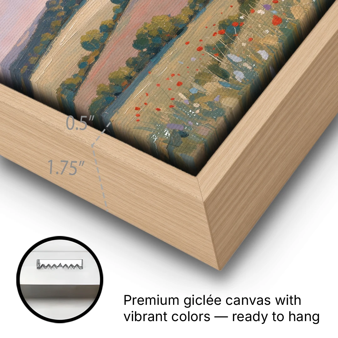 Countryside Landscape Painting at Lavender Dusk - Oak Framed Canvas Wall Art - Gallery Wrap Corner